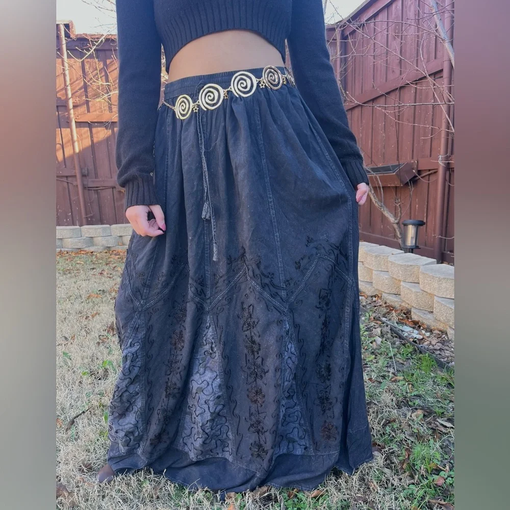 Chic Whimsy Goth Ash Black Embroidered Maxi Skirt - Picture 5 of 14